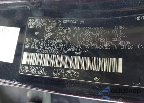 2003 Toyota Highlander from USA, damaged, VIN JTEGD21A330072929